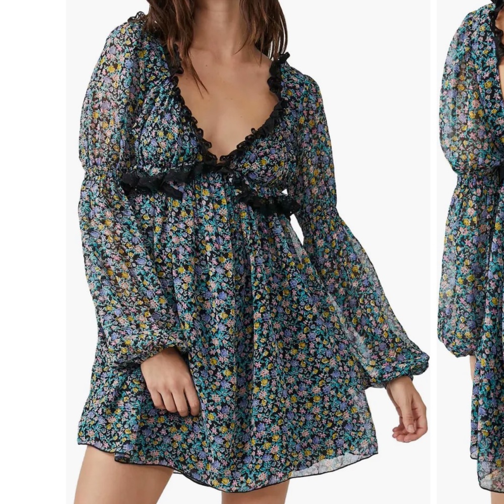Free People Pennie Floral Ruffle Mini Dress Black Combo